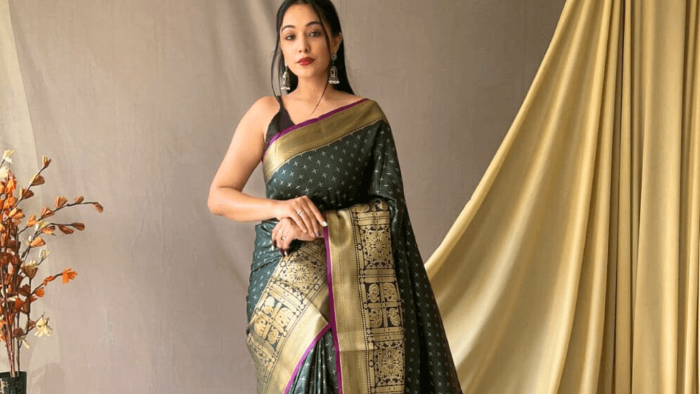 Dark Green Saree with a Golden Border