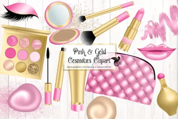 Pink and Gold Cosmetics Clip Art