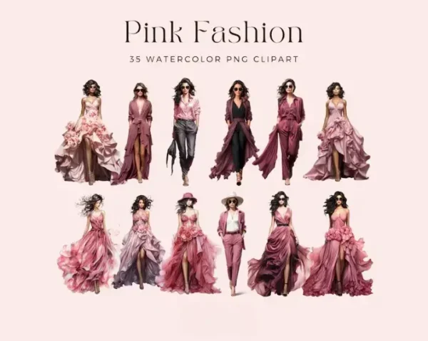 Watercolor Pink Fashion Clipart - Image 2