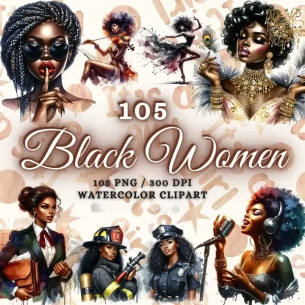 105 Watercolor Black Women Clipart Bundle