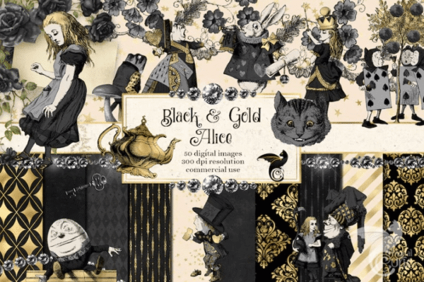 Black and Gold Alice Digital Scrapbooking Kit