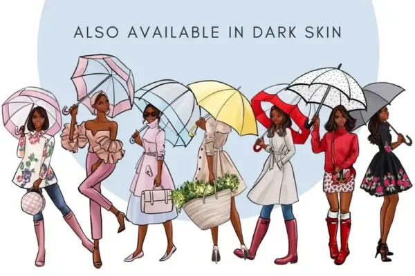 Girls with Umbrellas Light Skin Fashion Clipart - Image 4