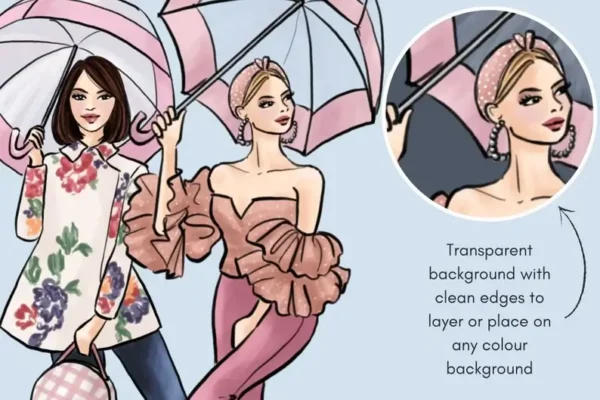 Girls with Umbrellas Light Skin Fashion Clipart - Image 3