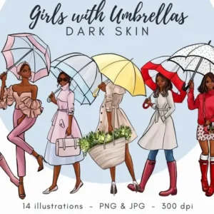 Girls with Umbrellas Dark Skin Fashion Clip Art
