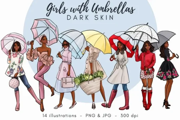 Girls with Umbrellas Dark Skin Fashion Clip Art