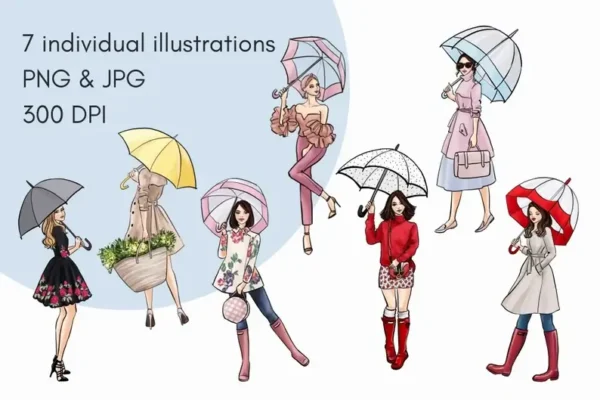 Girls with Umbrellas Light Skin Fashion Clipart - Image 2