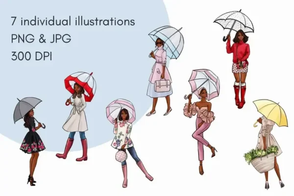 Girls with Umbrellas Dark Skin Fashion Clip Art - Image 2