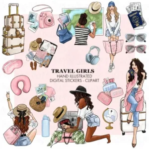Hand Drawn Fashion Travel Girls Clip Art