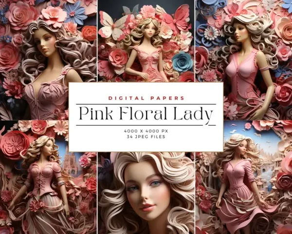 Pink Floral Lady Digital Paper Backgrounds - Image 2