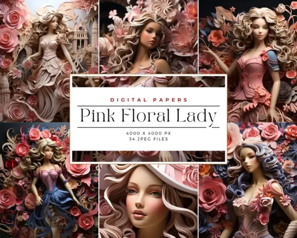 Pink Floral Lady Digital Paper Backgrounds