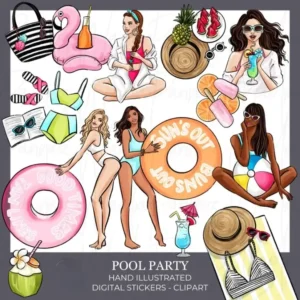 Pool Party Hand Drawn Fashion Illustration Clip Art